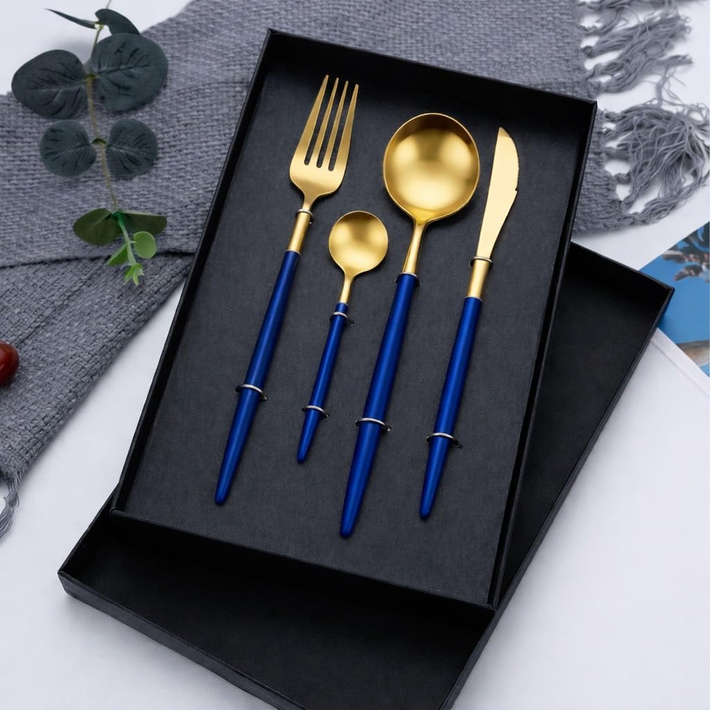 AKM Store Premium Gold Stainless Steel Cutlery Set (4 Pieces) | Luxury Red Handle Spoon Fork Knife Teaspoon Set | Mirror Finish Dining Set for Home, Hotel & Gifting (Blue, Set of 4)