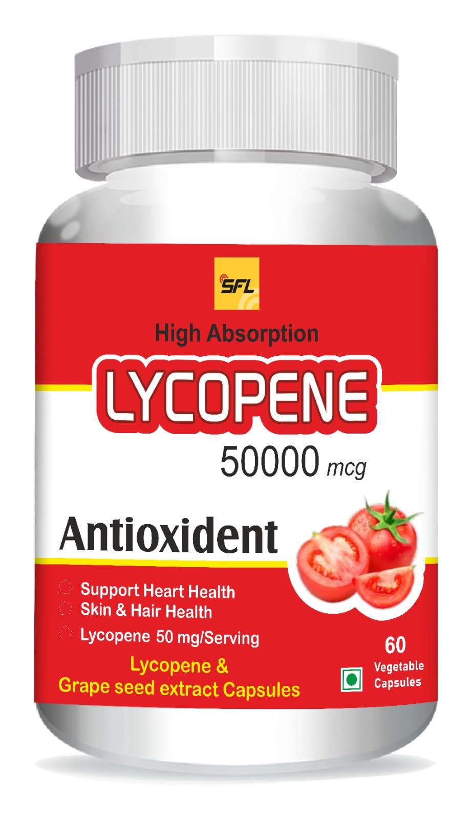 SFL 50 mg Lycopene Antioxidant, High Absorption, Support Heart Health, Skin & Hair Health, 60 Vegetable Capsules