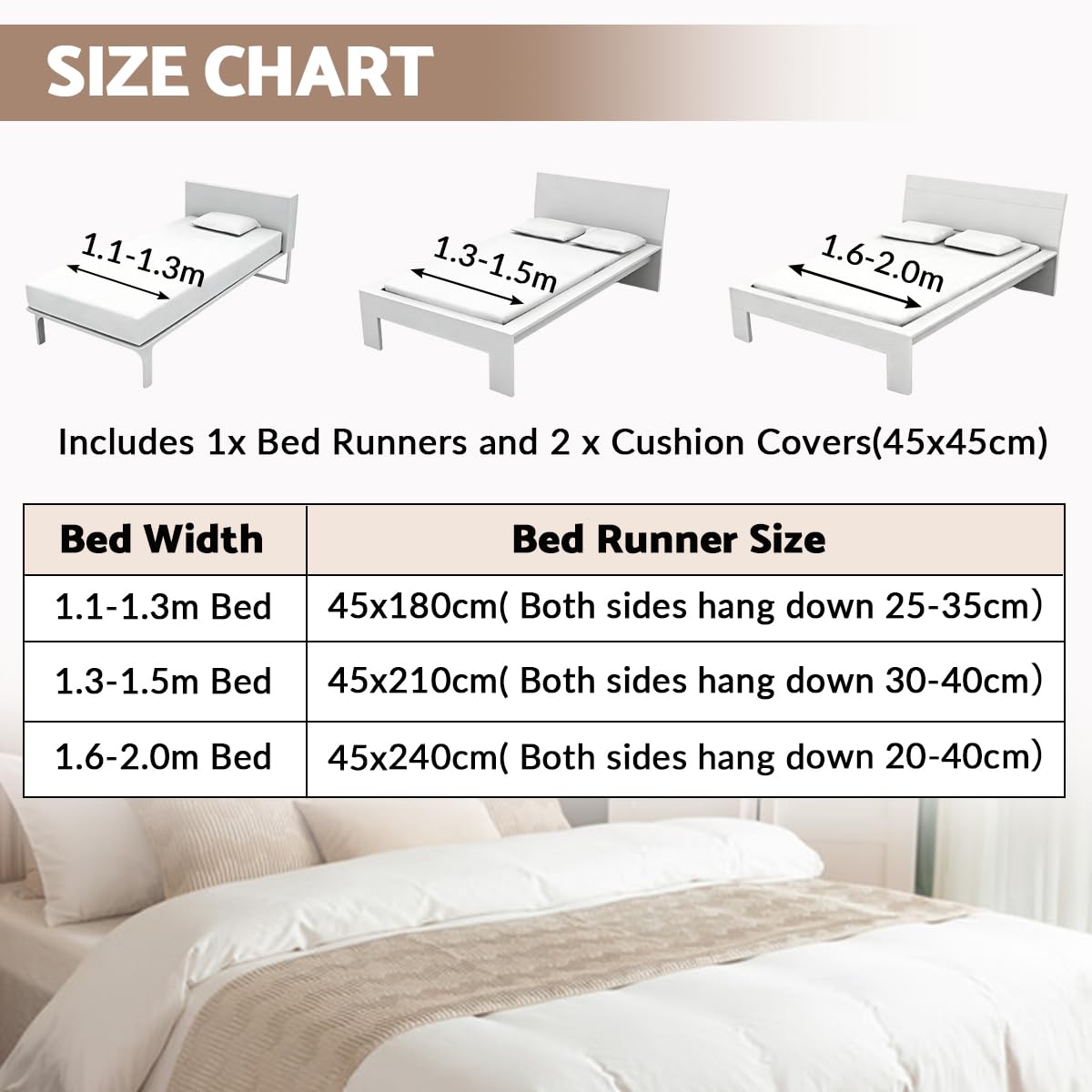 Morbuy Camino de Cama 45x240cm, Suave Camino de Cama con 2 Cojines 45x45cm | Hotel Dormitorio Habitación Decoration para 180cm Bed -Beige