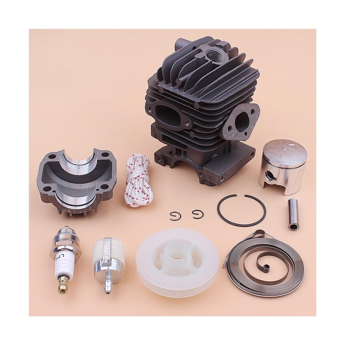 Kit de Base de cárter de Motor de pistón de Cilindro de 34 mm, Compatible con polea de Arranque de Retroceso de 25 CC, Resorte, Cuerda, bujía y Pieza de Motosierra.