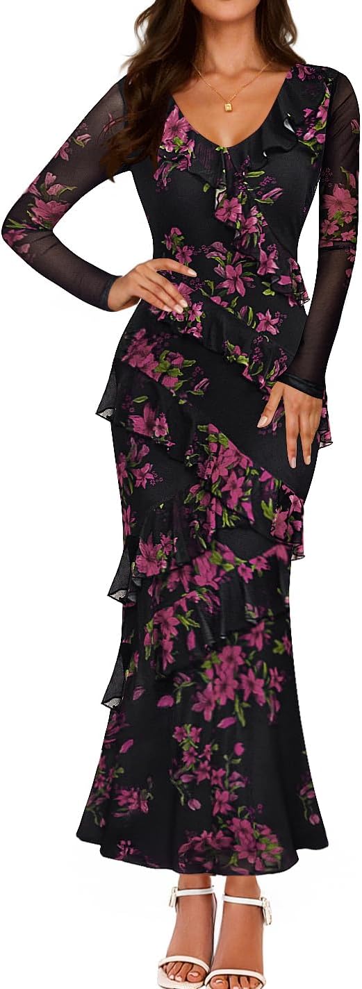 ZESICA Women's Fall Floral Long Sleeve Maxi Dress 2026 Boho Bodycon V Neck Ruffle Wedding Party Long Dresses