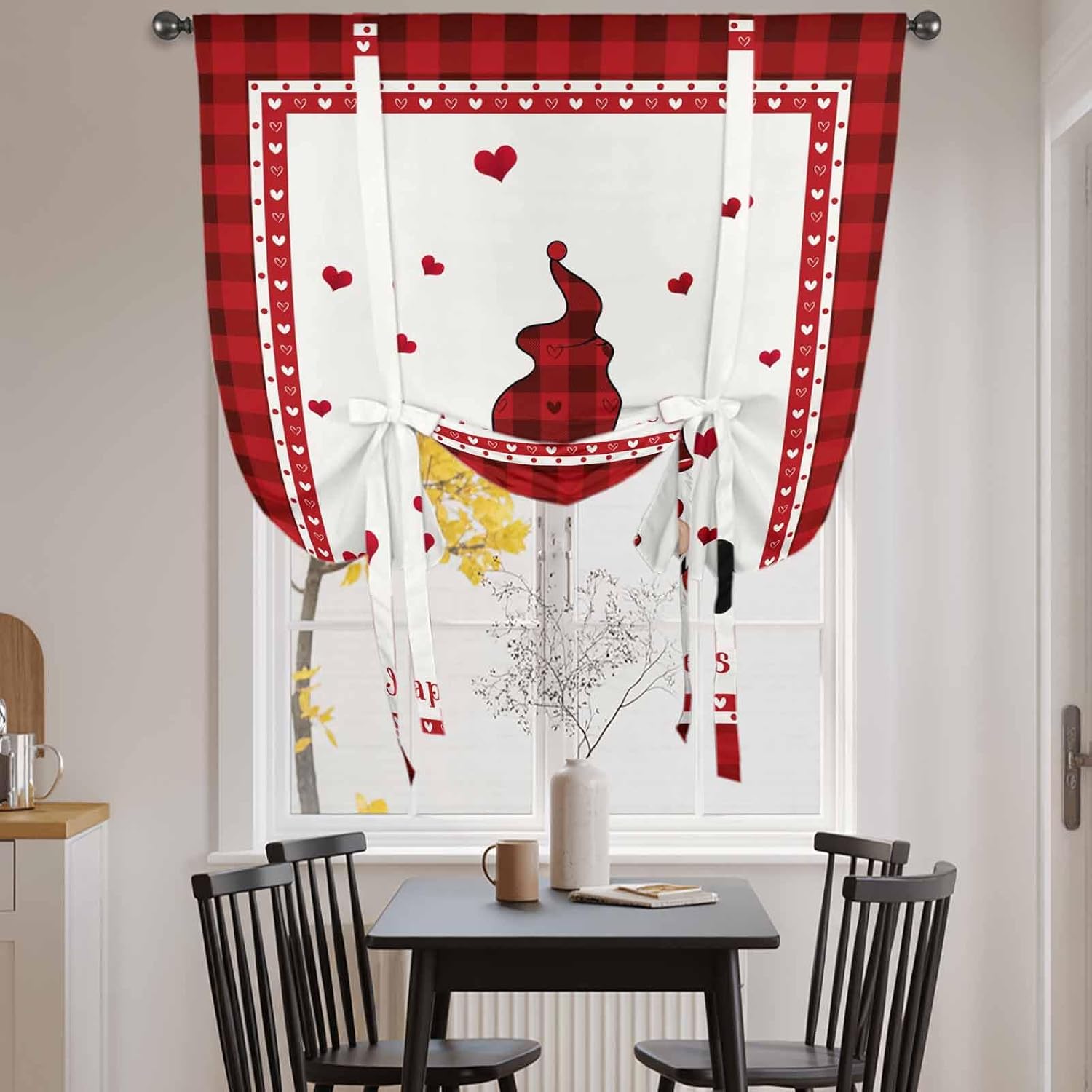 Red Plaid Valentine's Day Tie Up Curtains for Window, Gnomes Romantic Love Heart Thermal Insulated Balloon Shade Adjustable Rod Pocket Curtains Valance Panels for Kitchen Bathroom Café 52'' x 63''