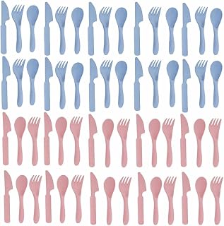 60 Piece Cutlery Set Plastic Silverware Wheat Straw Utensils Reusable Travel Utensils Set Knives Spoons and Forks Set for Party, Travel, Lunch, Picnic, Camping or Daily Use-Blue&Pink