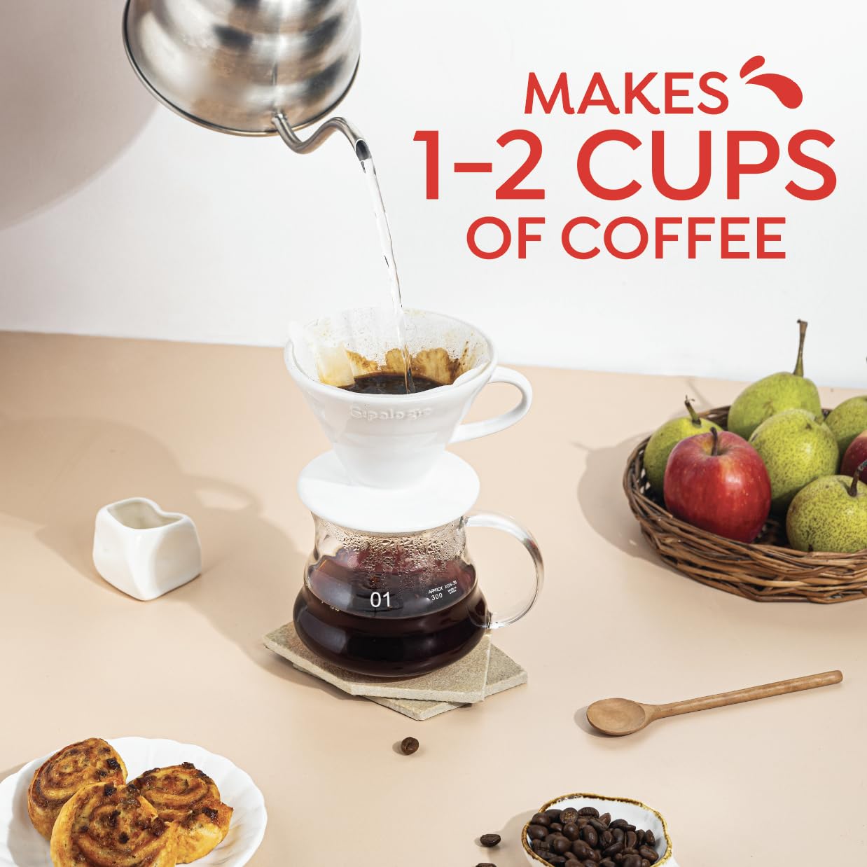 Sipologie Clarity Pour Over Coffee Maker, 50 Filter Papers Included - Brew Bright, Clean and Flavourful Coffee, High-Fired Durable Ceramic, Spiral Ridges for Even Extraction, 1 Cup 2