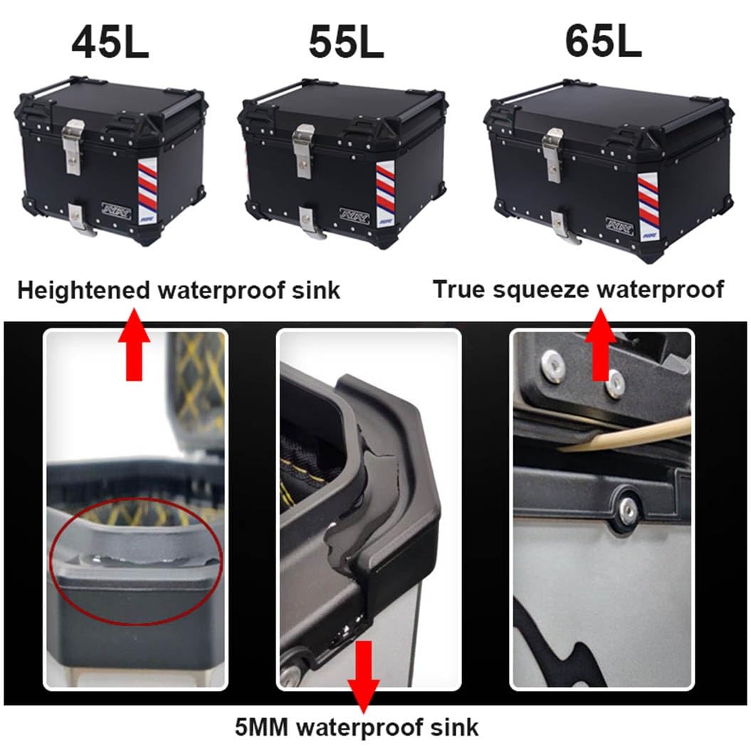 Top Case Moto Étanche, 45L 55L 65L Aluminium Moto Coffre Voyage Boîte De Queue, avec Serrure De Sécurité, pour Un Casque Et Bagages, Noir, Argenté (Couleur : Argent, Taille : 65L)