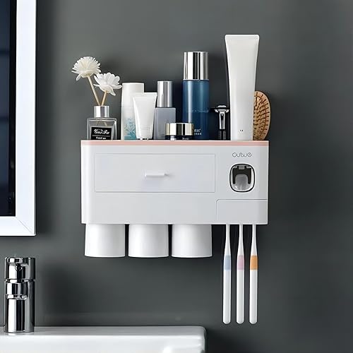 Portacepillos de dientes para baños, 3 tazas sin perforación, bandeja de gran capacidad, organizador de cepillos de dientes montado en la pared con