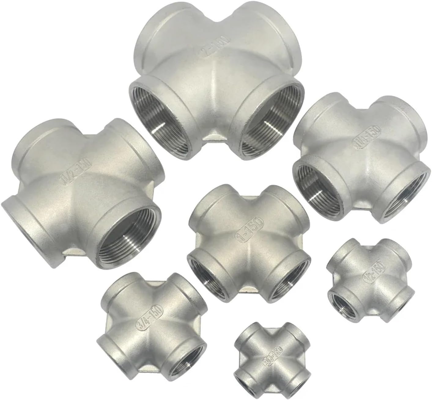 1PC 3/8" 1/2" 3/4" 1" 1-1/4" 1-1/2" 2" 304 Stainless Steel Four Way Joint Female Thread Water Pipe Fittings Equal Cross (1/2") EKFBQBGW