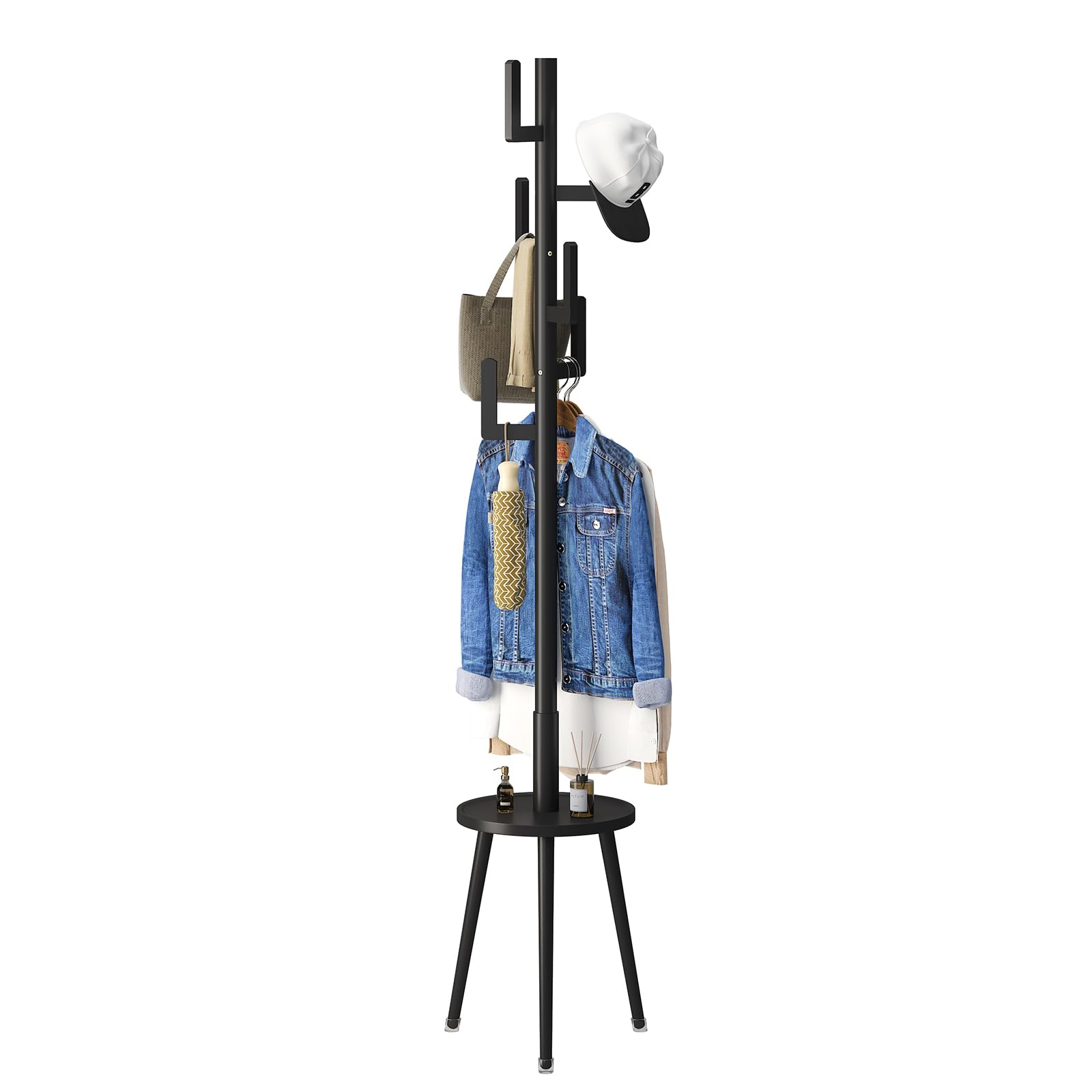 Coat Rack, Wooden Coat Rack Freestanding with Shelf, Bamboo Cactus Coat Tree, Coat Tree for Clothes/Bag/Hats, Hanger Stand for Entryway (Black)