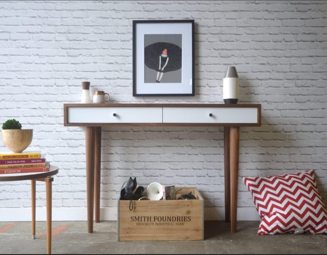 CRAFT D ARTS Modern Wooden Console Table with 2 Drawers | Mid-Century Entryway Table | Solid Wood Hallway Accent Table for Living Room, Foyer, Bedroom & Home Office | Sheesham, Walnut & White Finish-image-1
