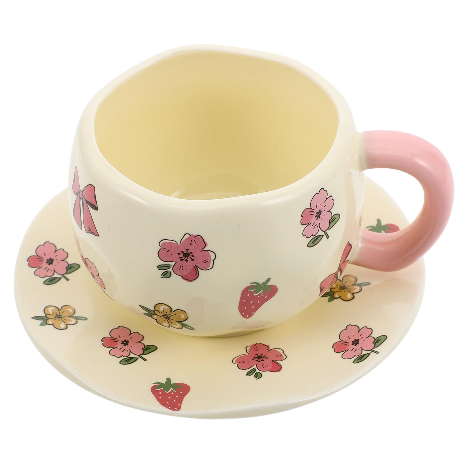 Tasses à thé en céramique, Tasse à thé avec soucoupe et nœud rose, tasse latte 330 ml/11 oz