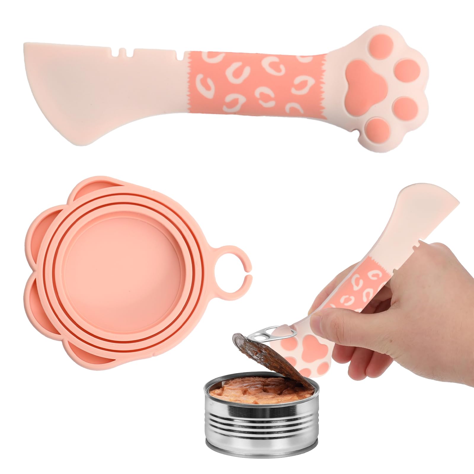 Wisebom Pet Food Can Supplies Set, Universal Silicone Covers Cat Wet Food Spoon, Cat Lids 2 in 1 Spatula Pet Can Opener Dog Claw Spoons for Pets Dogs Cats Feeding (Pink)