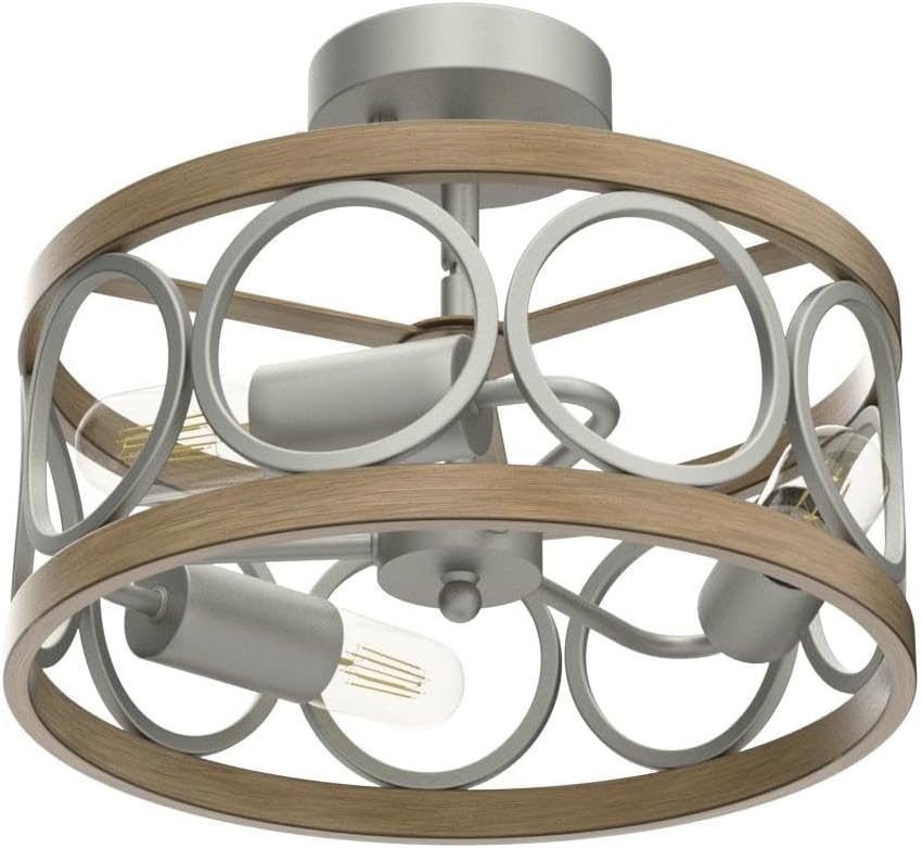 XINGQI 13" Modern 3-Light Brushed Nickel Rustic Semi Flush Mount Ceiling Light Fixture Wood Grain Metal Round Lamp for Kitchen Dining Room Bedroom Entryway