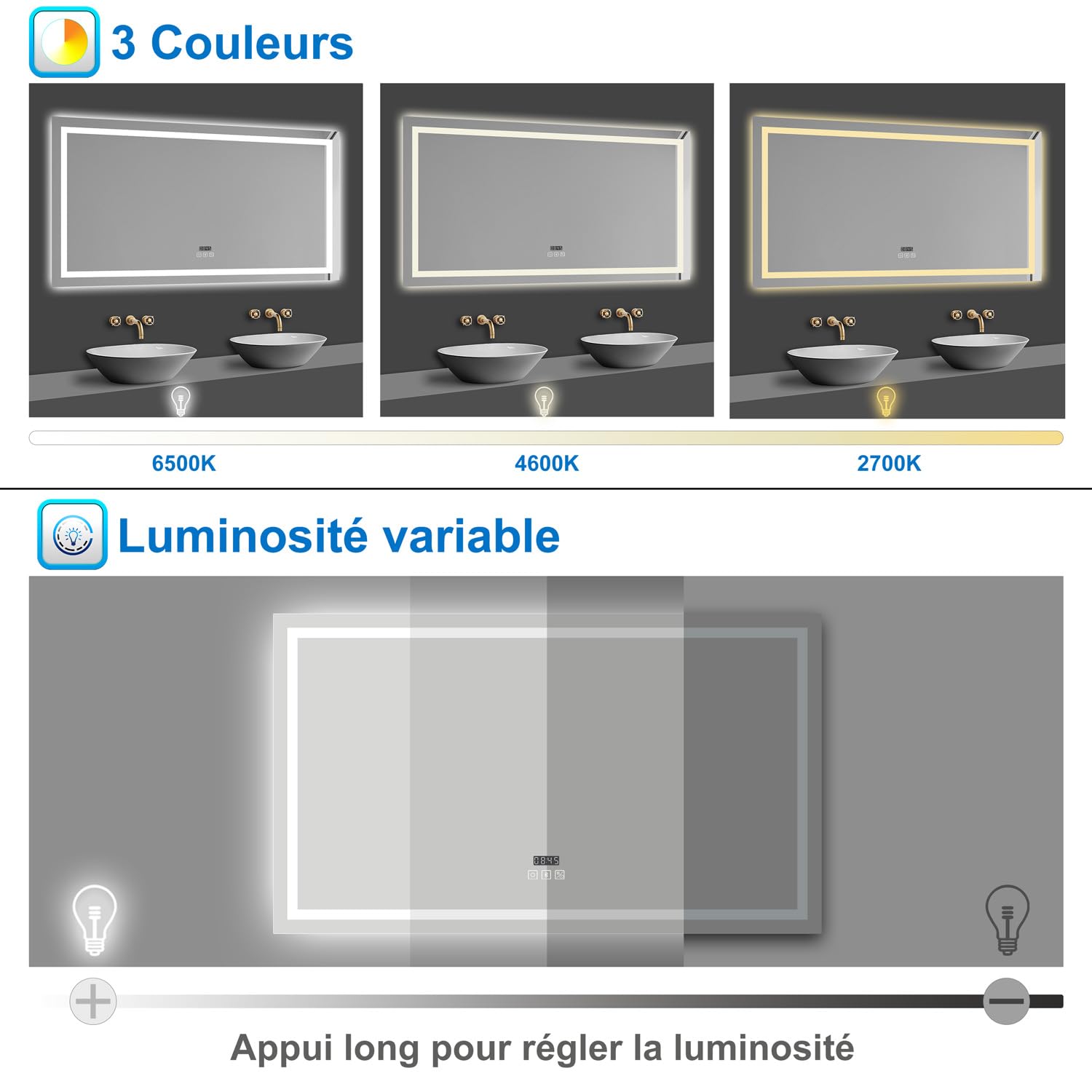 AICA Miroir Salle de Bain avec Éclairage 80 x 60cm,3 Couleurs + Anti-buée | Dimmable + Mémoire,Fixation Horizontale ou Verticale, Miroir Salle de Bain LED