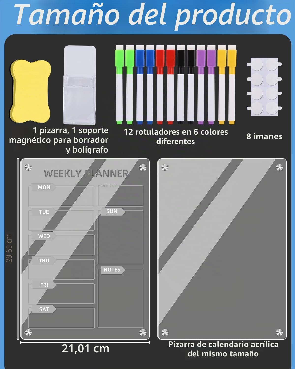 Pizarra Magnética para Nevera Transparente A4- Planificador Semanal y Mensual Magnético para Menú, Lista de la Compra y Tareas, Incluye 2 Pizarras, 12 Rotuladores