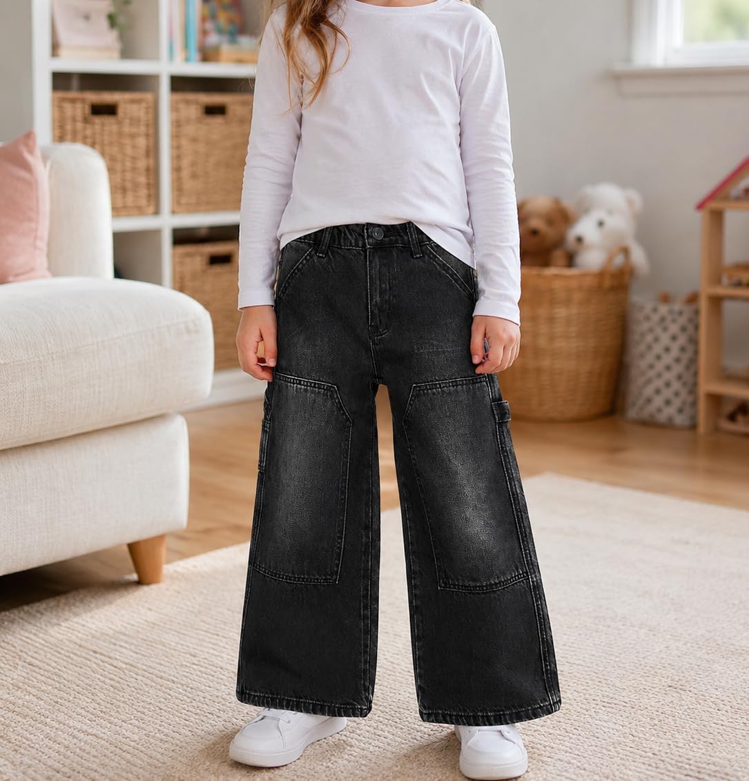 KIDSCOOL Little Big Girls Wide Leg Cargo Jeans Knee Patch Denim Pants