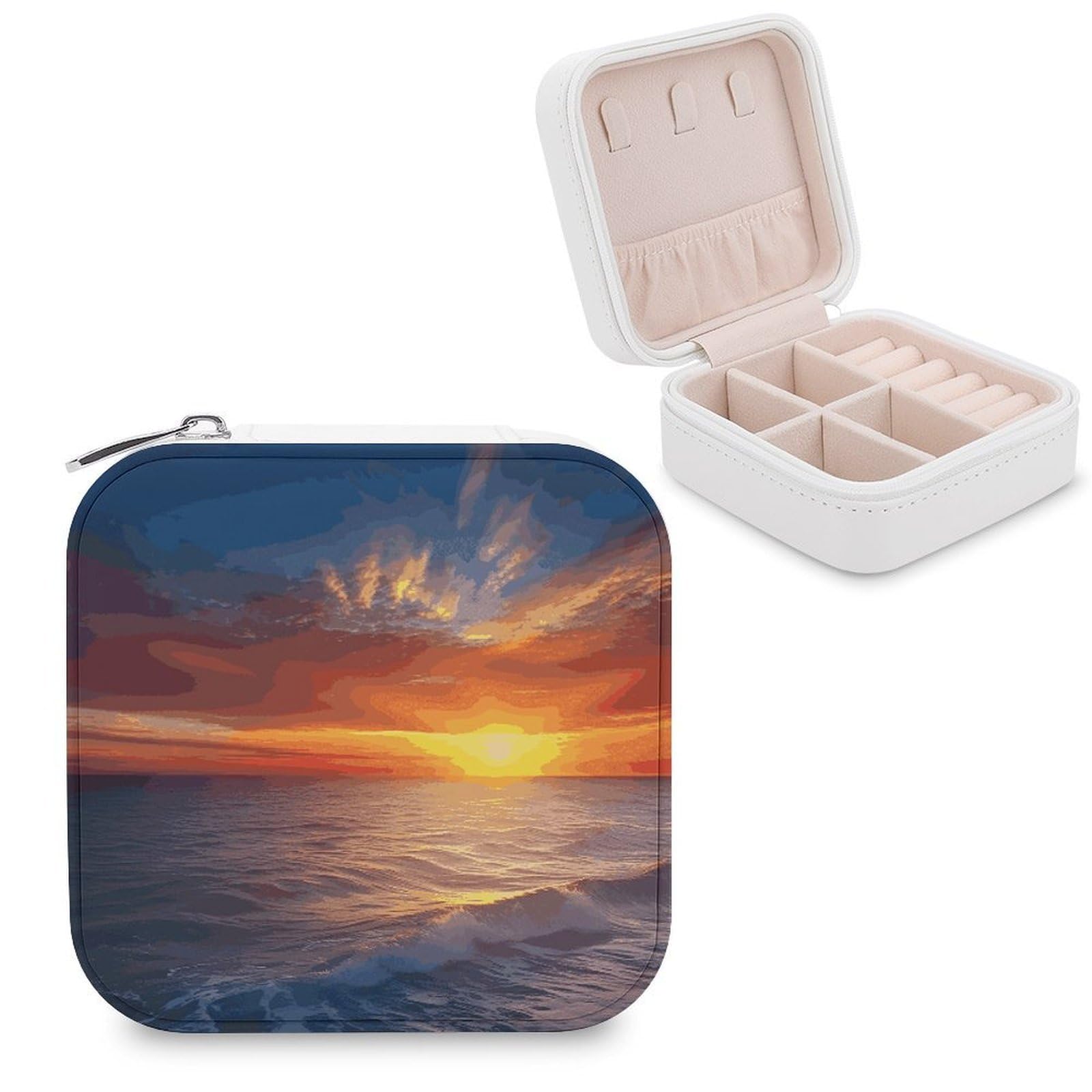 MUSM Sea And Sunset Travel Jewelry Case Personalized PU Leather Jewelry Boxes for Women Small Portable Jewelry Organizer Box Cute Trinket Box for Necklaces Rings Earrings & Gifts