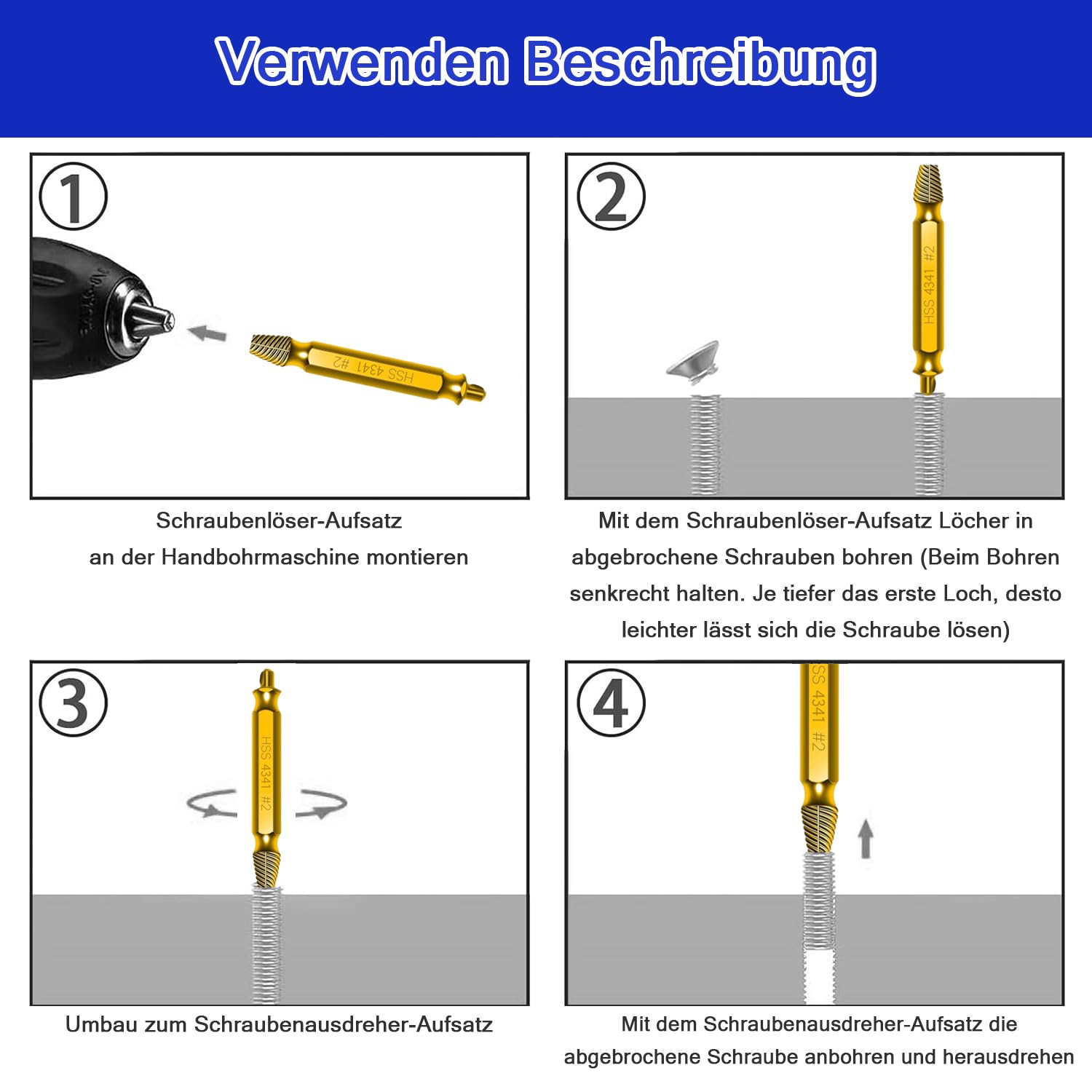 Schraubenausdreher Set 6 Stück, Hergestellt aus HSS 4341, Beschädigte Schraube Entferner Extraktor Set, Extraktor zum Entfernen fester & beschädigter Schrauben, Gold