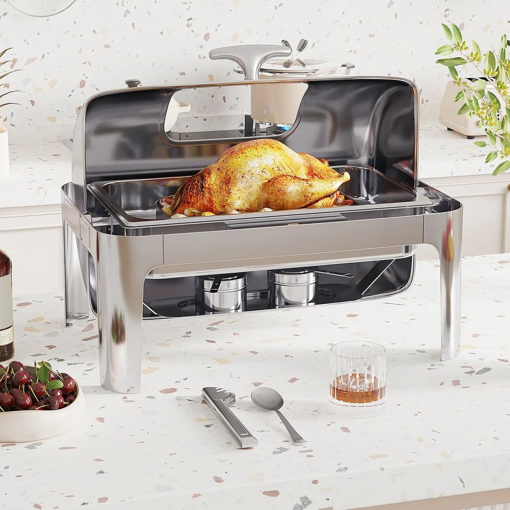 Scaldavivande rettangolare da 9 litri in acciaio inossidabile, Set per buffet con coperchio a rullo e finestra in vetro Ideale per catering, buffet e per mantenere le pietanze al caldo