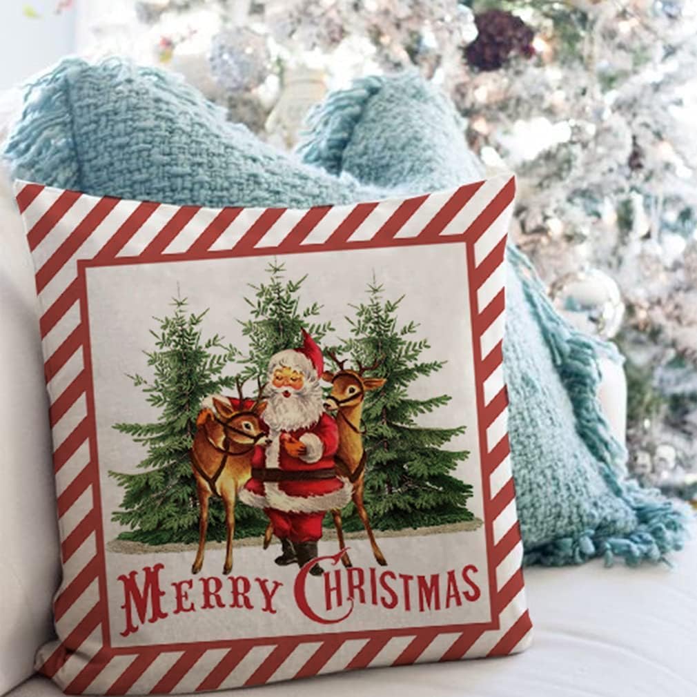 PANDICORN Vintage Christmas Pillow Covers - 18x18 Set of 4 for Christmas Decorations, Red Retro Santa Trees Candy Cane Sleigh Rides Reindeer Rustic Country Holiday Decor Throw Pillows Cases image 4