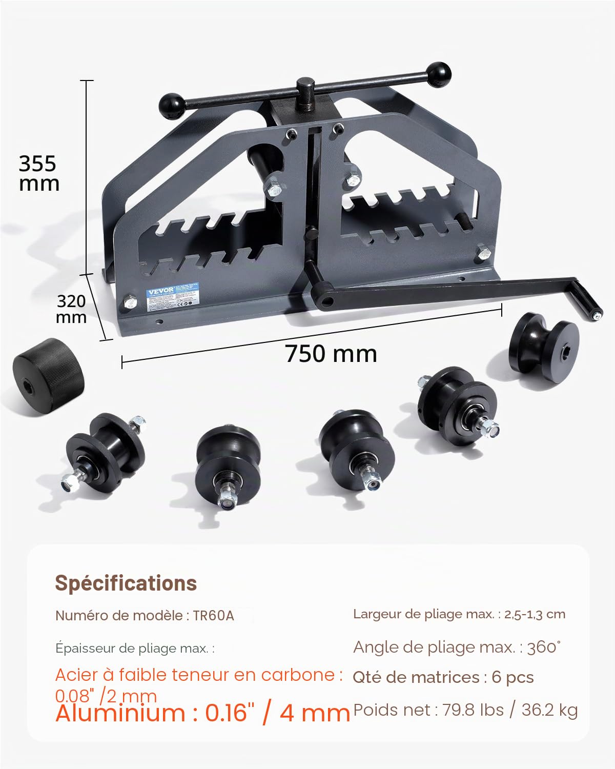 VEVOR Cintreuse de Tubes Manuelle, 38 mm, Cintreuse de Tuyaux en Cuivre à Rouleaux, avec 6 Matrices, Outil de Cintrage de Tuyaux en Aluminium à 360°, pour Réparation Automobile Climatisation CVC