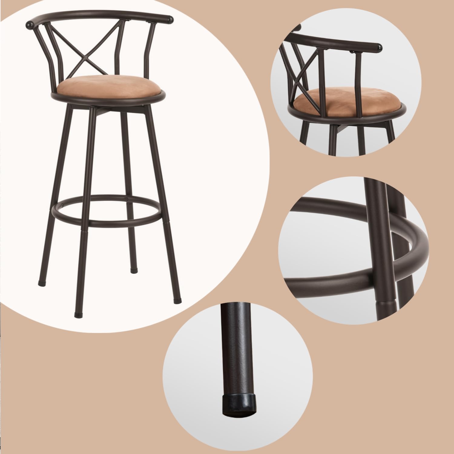 Lot de 2 Tabourets de Repassage Pivotants Industriels avec Dossier Rotatif à 360°, Hauteur 75,5 Cm, Tabourets Hauts Vintage avec Repose-Pieds, Pratiques pour Le Repassage en Buanderie