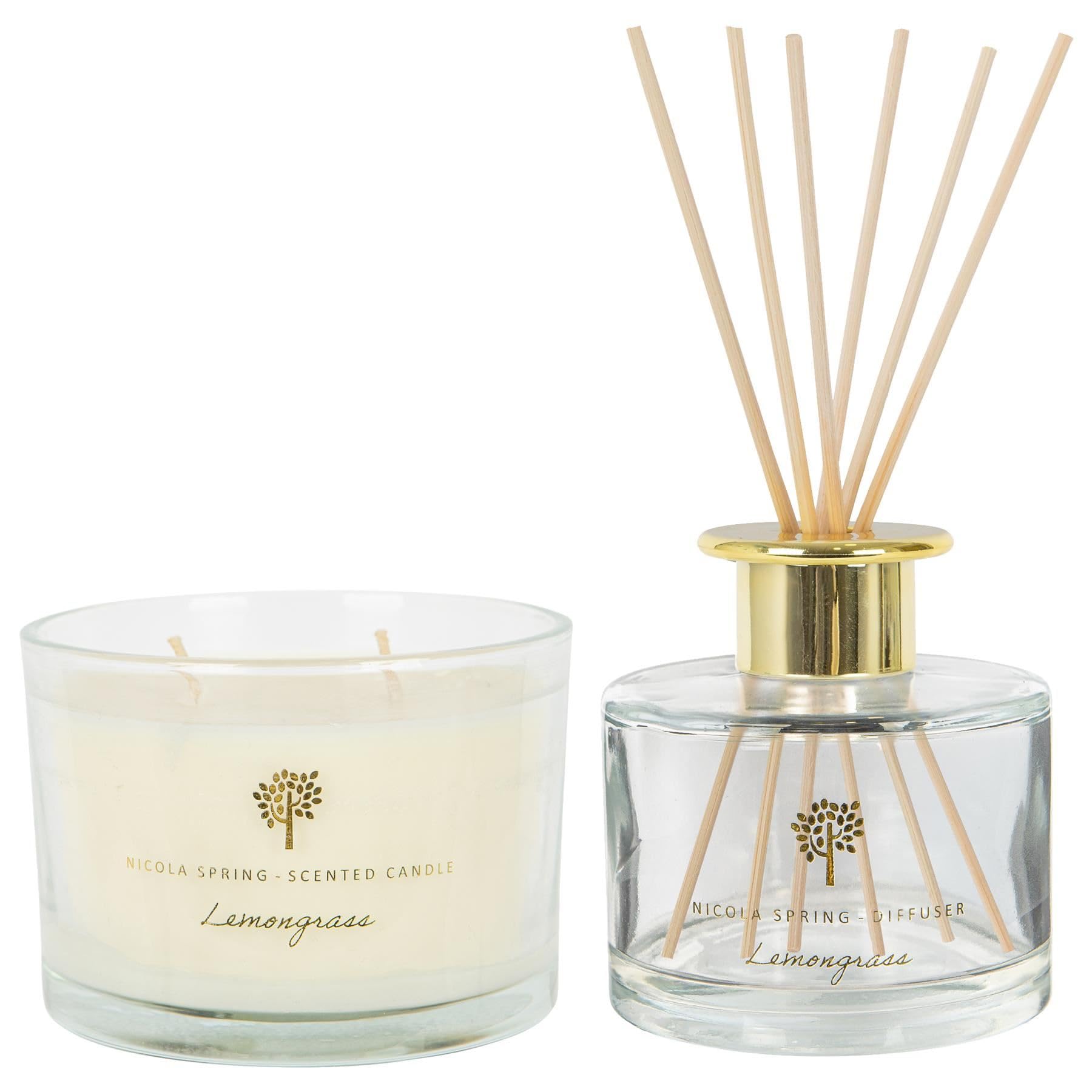Nicola Spring Lemongrass Scented Candle & Reed Diffuser Set - 350G Soy Wax Candle 38 Hour Burning Time Large Relaxing Fragrance Gift Set Aromatherapy 200Ml Fragrant Diffuser