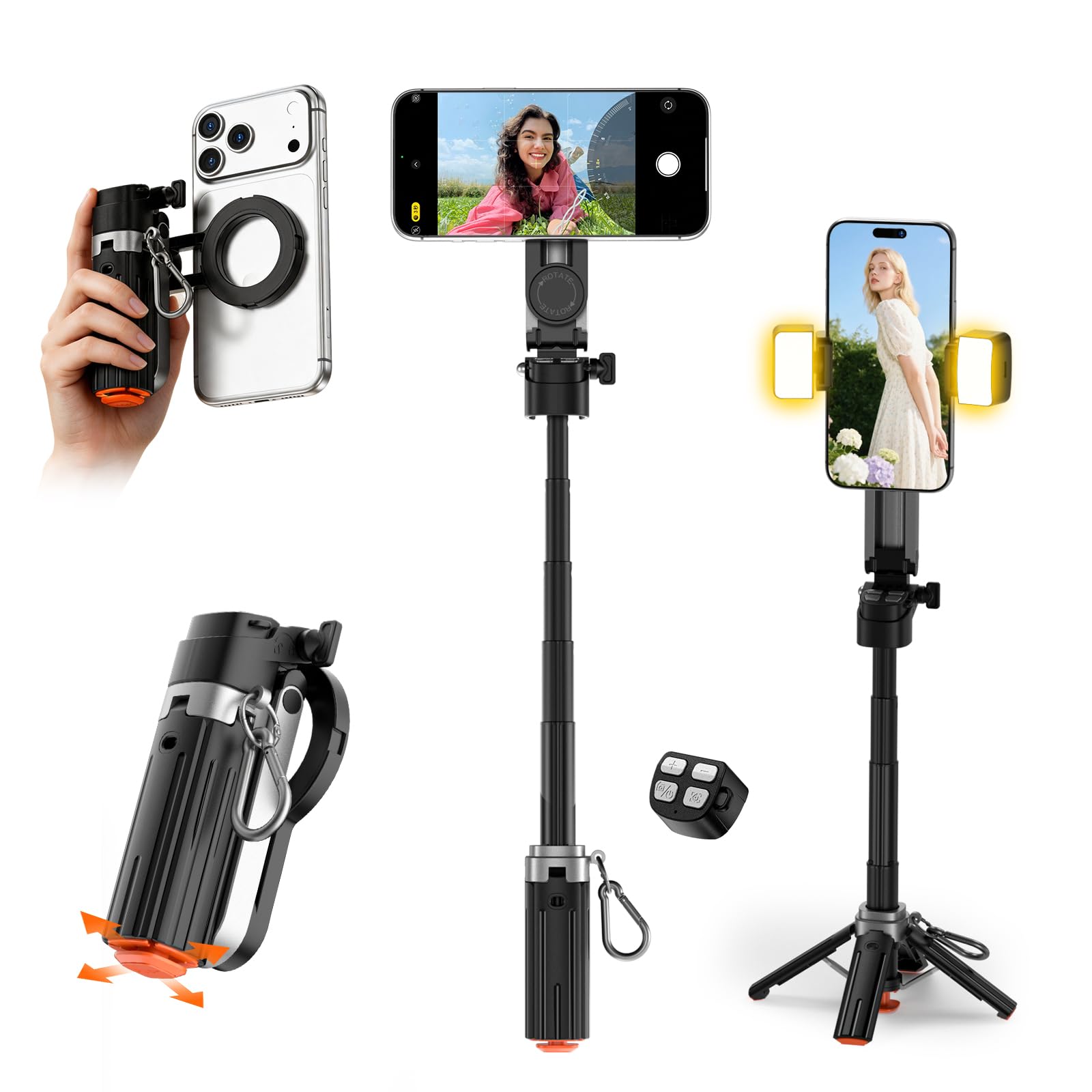 CloudValley Treppiede Selfie Stick Magnetico Mini con 2 Luci | Treppiede Telefono 4 in 1 Tasca, Rotazione 360°, Telecomando Bluetooth con Zoom Rimovibile, per iPhone Android Vlog Video