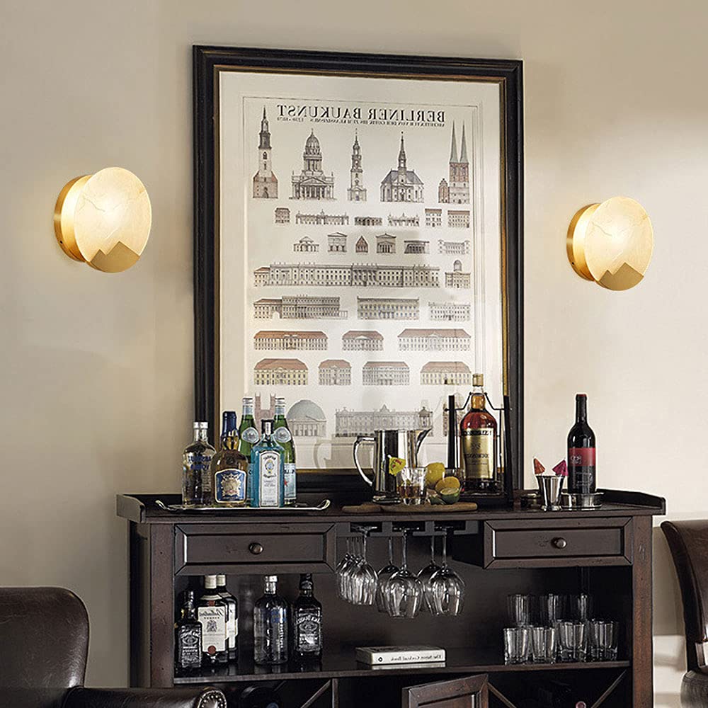 ISCBAFYX Kinkiety Kinkiety Mosiężny kinkiet Okrągły marmurowy klosz Złoty metalowy metalowy kinkiet, salon Bar Lounge Balkon Przedpokój Kinkiety Lampki nocne do sypialni E14 Lampy ścienne