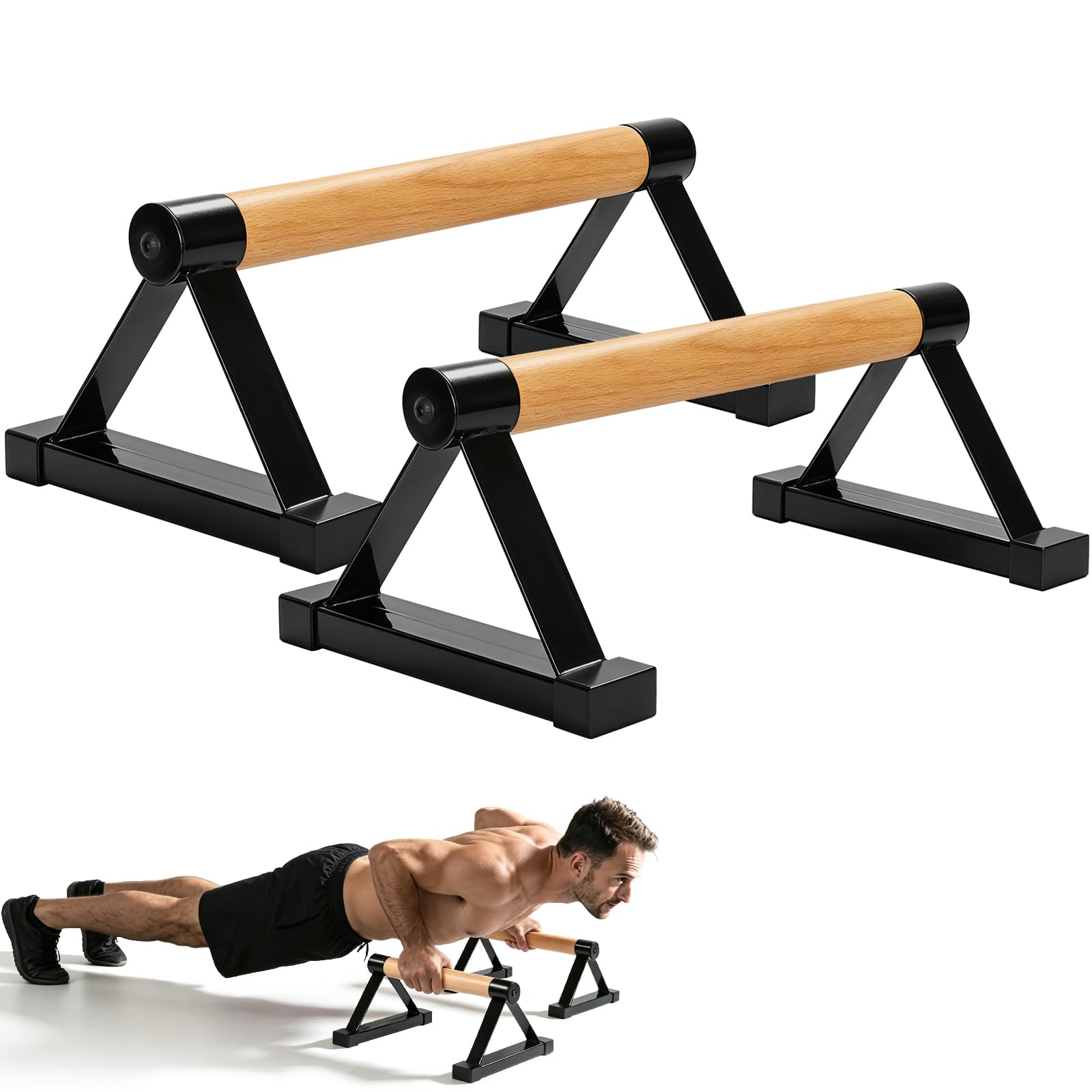 Wood push up bars Parallettes bars Anti-slip Handstand Bars for Calisthenics, Fitness, Floor workouts Solid Wood with Sturdy Metal Bracket, Support 500 lbs