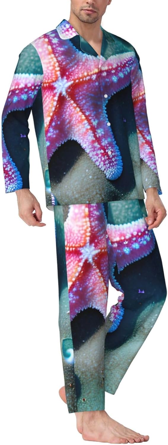 Seashells Starfish Print Luxurious Mens Pajamas Set,Breathable Pajamas Set,Perfect For Lounging Bed,Sofa