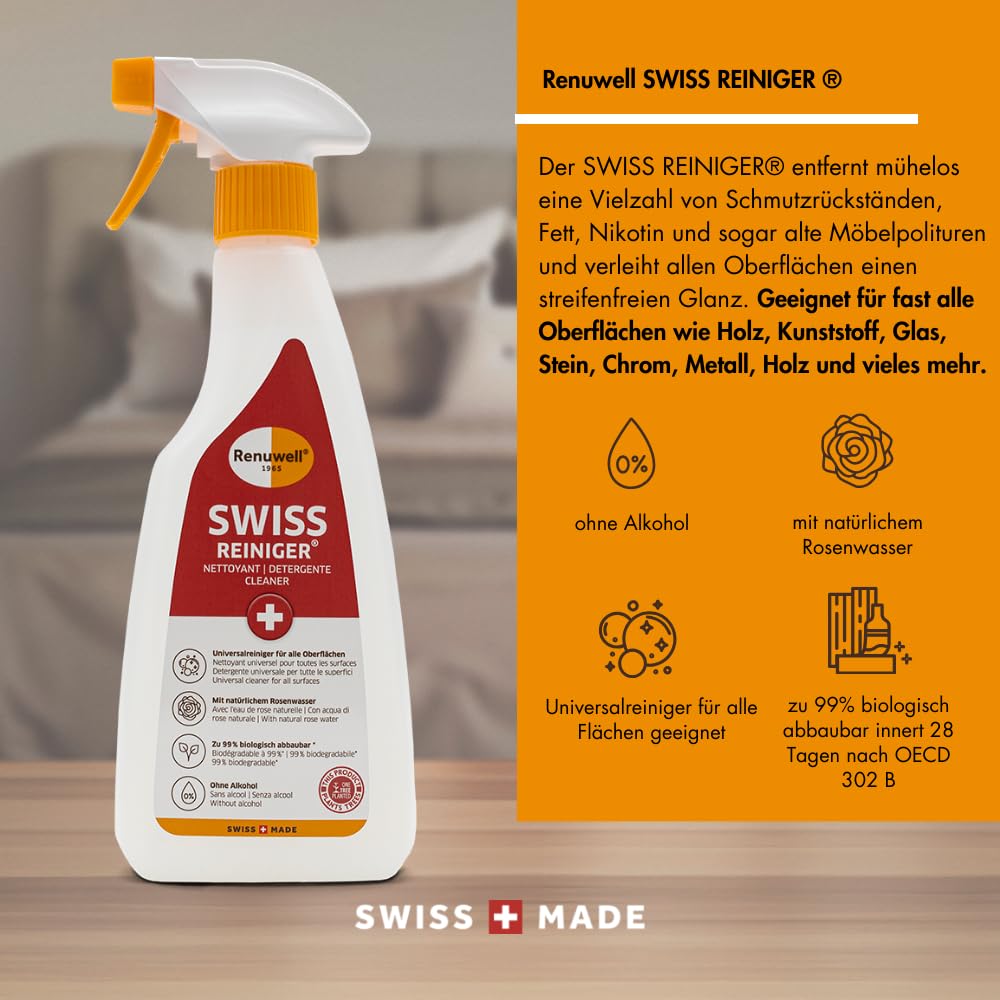 Renuwell Swiss Reiniger, 6x 500 ml – kraftvolle schonende Reinigung ohne Alkohol, entfernt Fett, Schmutz & Ablagerungen, für Holz, Kunststoff, Metall & Stein, Schweizer Qualität