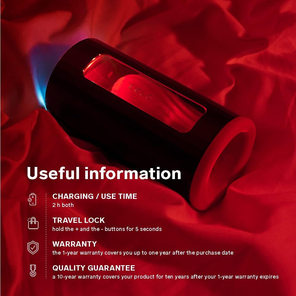 Useful information about LELO F1S V2, including charging/use time, travel lock, 1-year warranty, and 10-year quality guarantee.