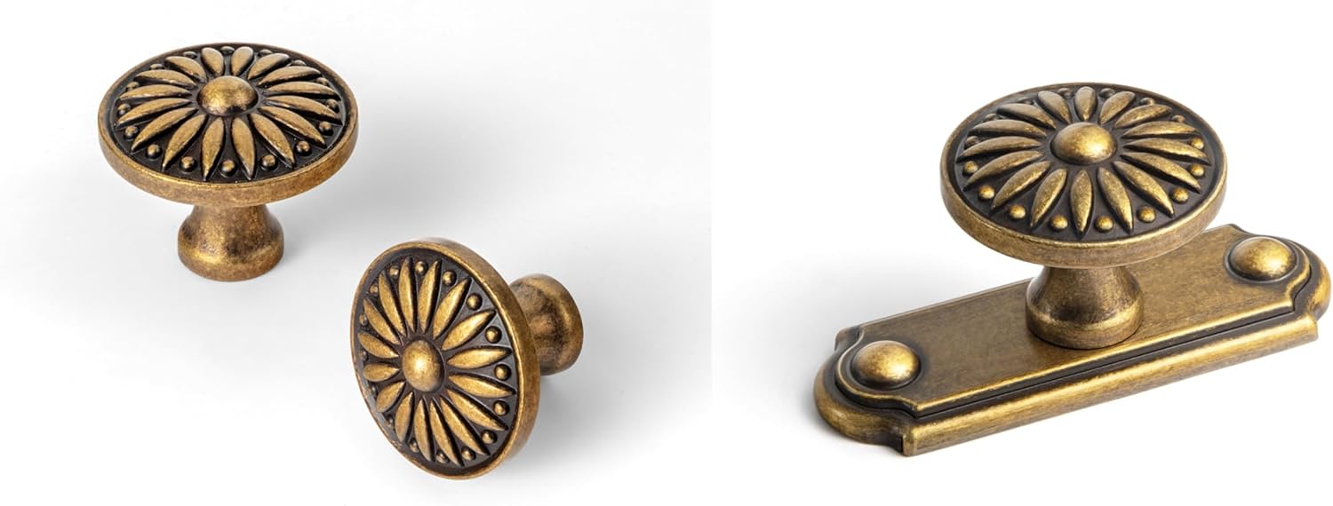 Goo-Ki Antique Brass Sunburst Cabinet Knobs with Backplate
