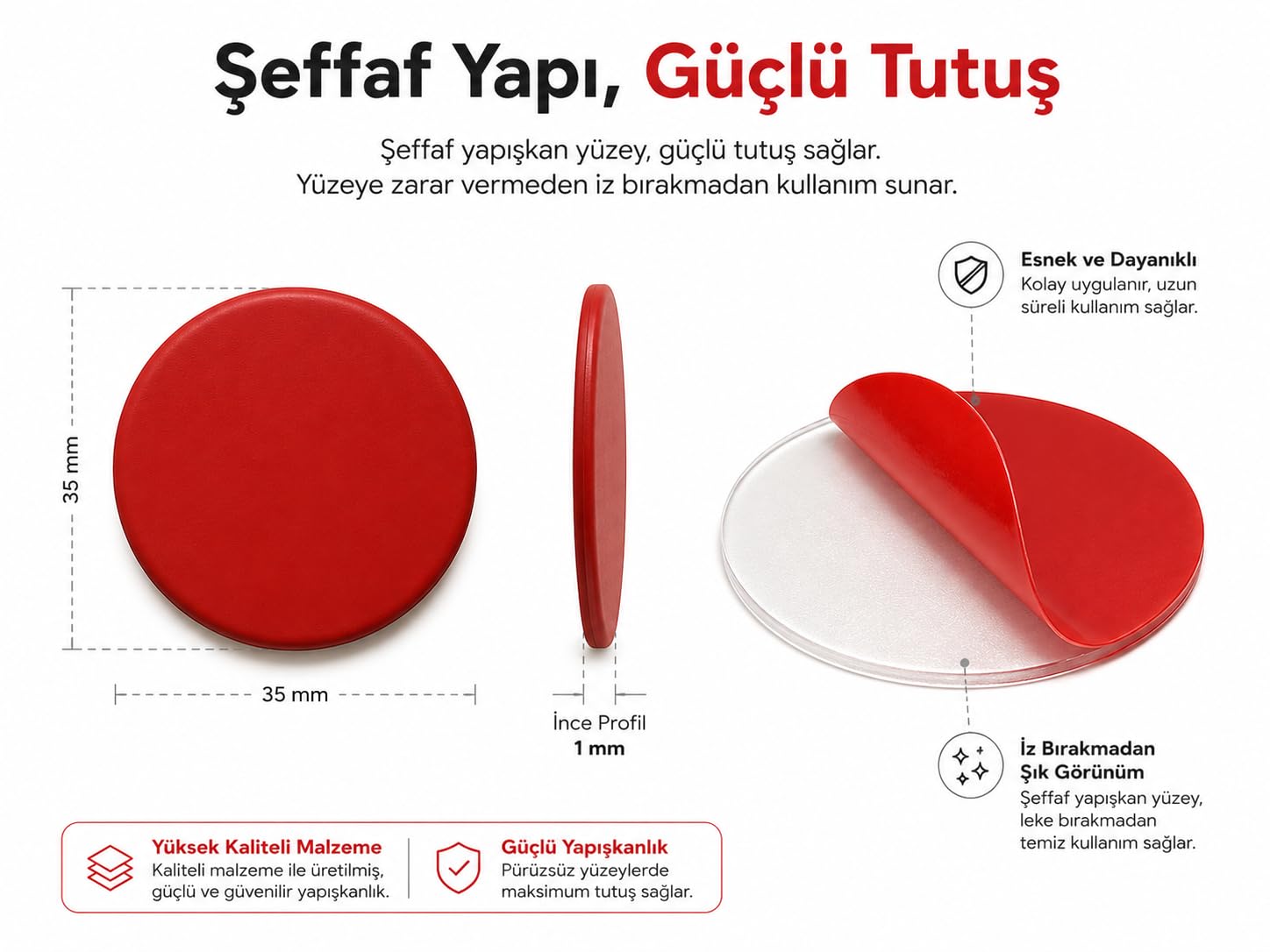 Alper Banyo 50 Adet 35x35 mm Oval Şeffaf Yapışkan Bant, Kırmızı Koruyucu Filmli Güçlü Montaj Pedi, Çift Taraflı İz Bırakmayan Çok Amaçlı Yapışkan Ped