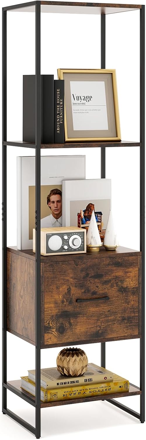 Tangkula 4-Tier Bookshelf with Drawer, 62.5” Tall Narrow Bookcase with Metal Frame & Anti-tip Kits, 4 Open Shelves & Pull-Out Drawer, Modern Slim Display Storage Rack for Living Room Study (1, Brown)