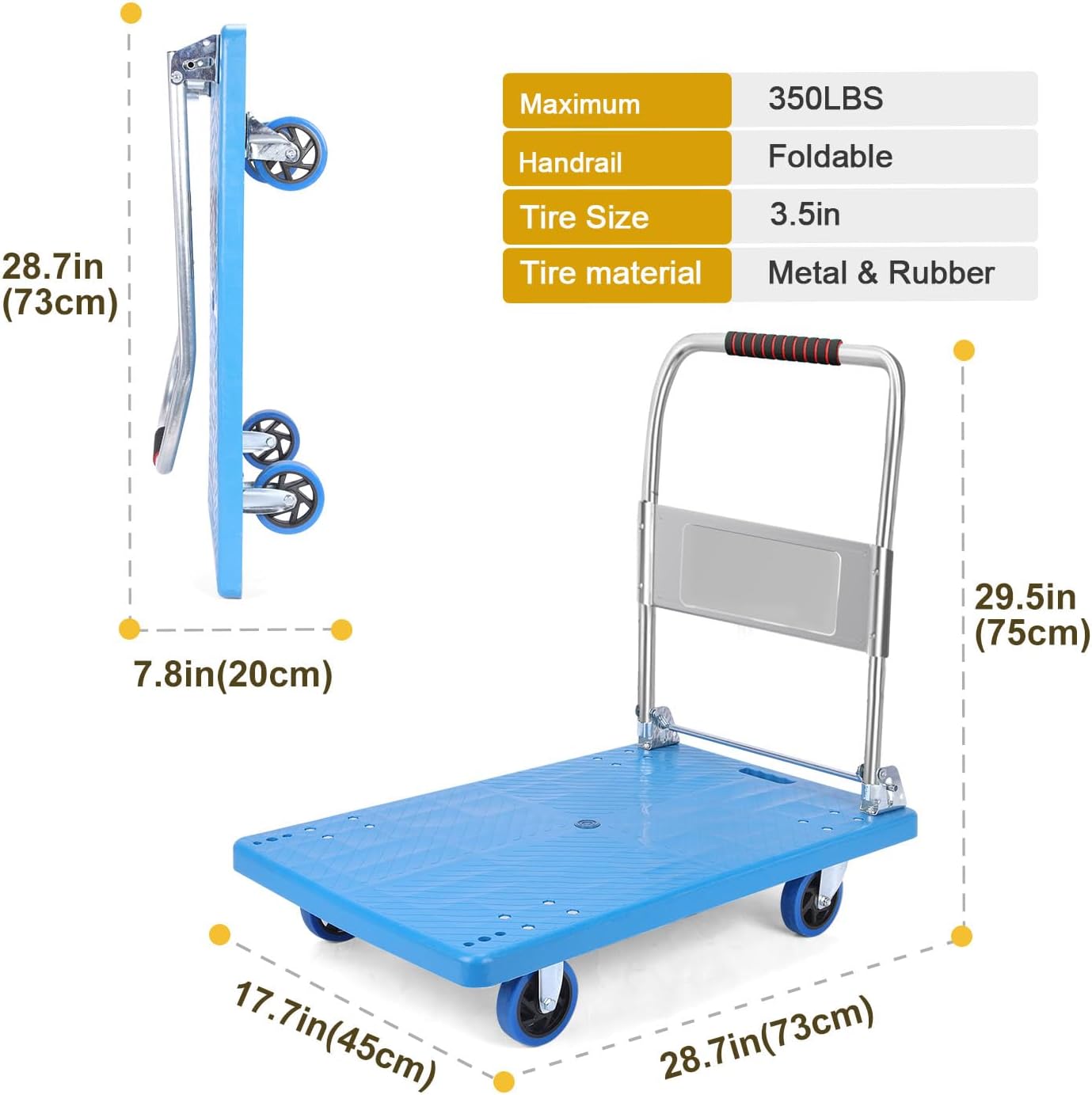 Heavy Duty Platform Hand Truck for Moving, Folding Flatbed Dolly with 360 Degree Swivel Wheels Foldable Push Hand Cart for Loading and Storage (S)