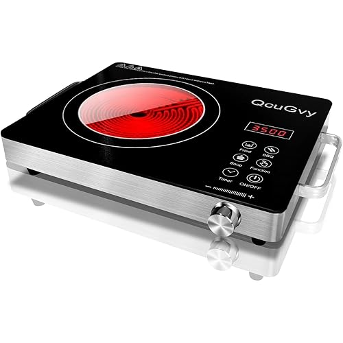 14" Portable Infrared Burner 3500 Electri Burner with 3 Hours Timer-Electric Hot Plate Touch Control Panel Adjustable Heating Power Glass Plate Electric Cooktop for Cooking (Black)