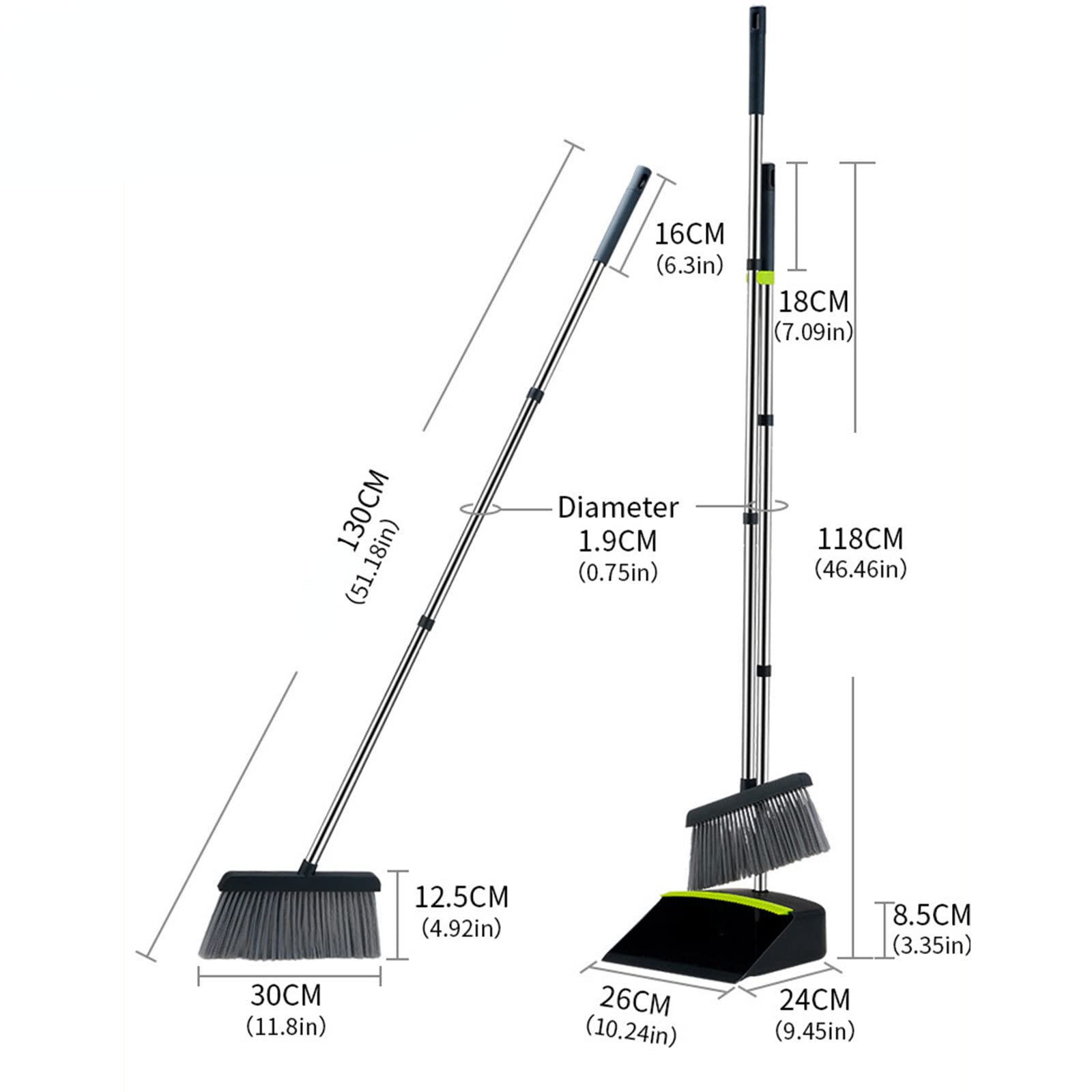 Zestaw miotły i szufelki do domu, bardzo długi uchwyt 130 cm szczotka pionowa szufelka i miotła do domu, holu, sklepu, garażu, szkoły, kościołów, hotelu, barów, czarny