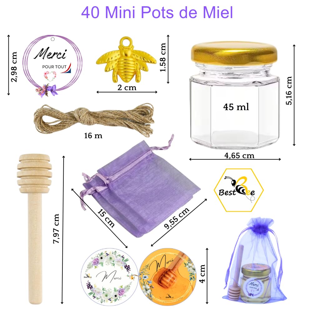 Petits Pots, Mini Pots de Miel en verre (Pack de 40 ) Étiquettes en français et cartes personnalisables, Cuillères en Bois... Parfait Cadeau pour invités de Mariage, Baptême, Anniversaire, Baby Shower