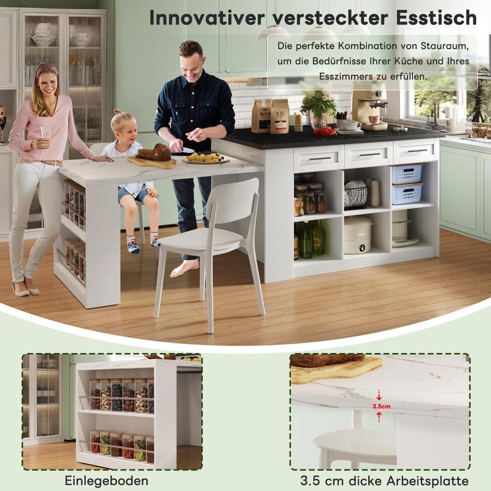 Seyakany Îlot de Cuisine Multifonctionnel avec Table à Manger Extensible Blanche de 150 cm + 96 cm, Plan de Travail/Table en Bois marbré Noir/Blanc, armoires de Rangement intégrées