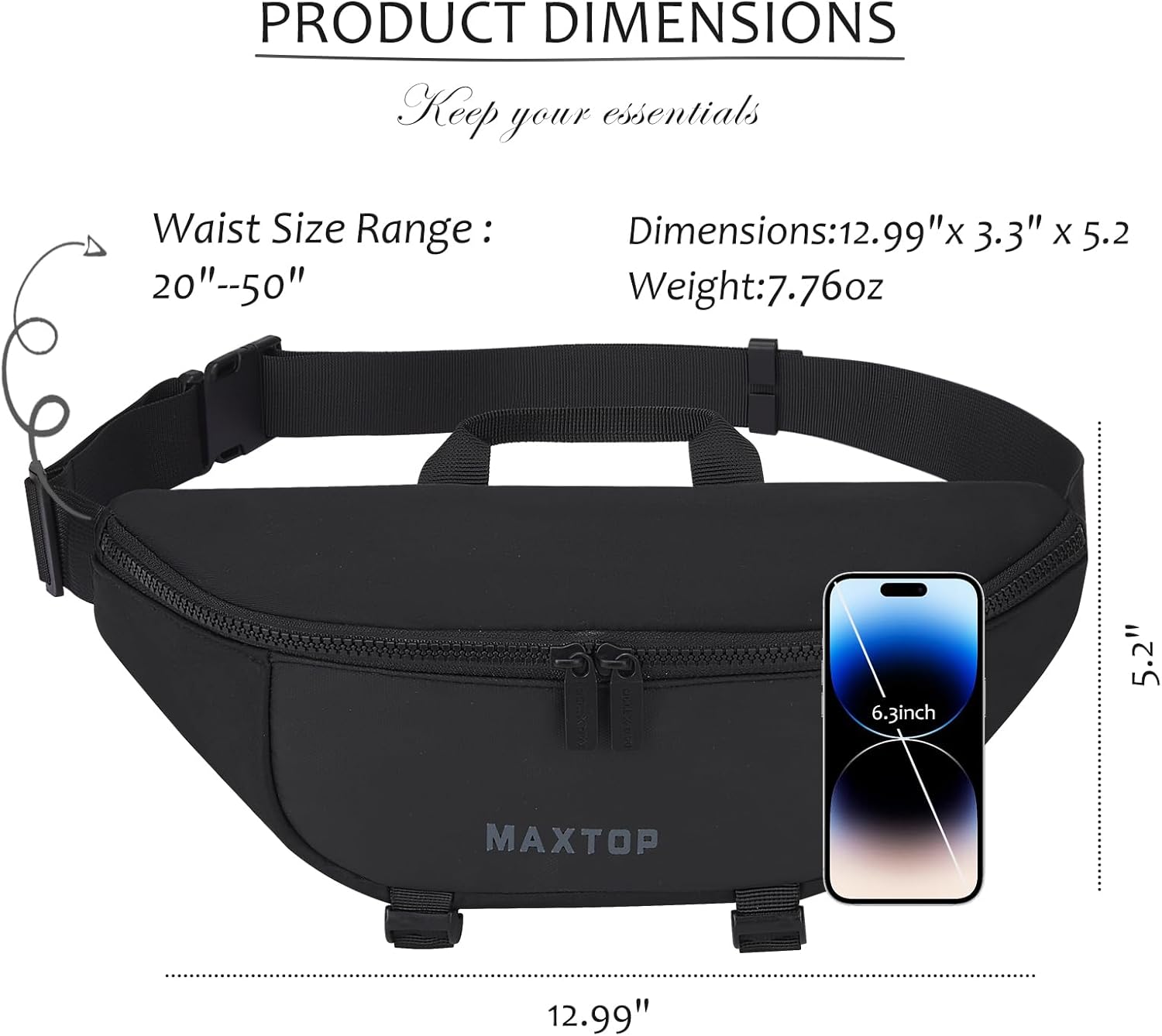 MAXTOP Large Fanny Packs for Women Men Crossbody Bag Travel Essentials with Adjustable Strap Hands-Free Waist Pack for Gym Running Hiking,Black - Image 3