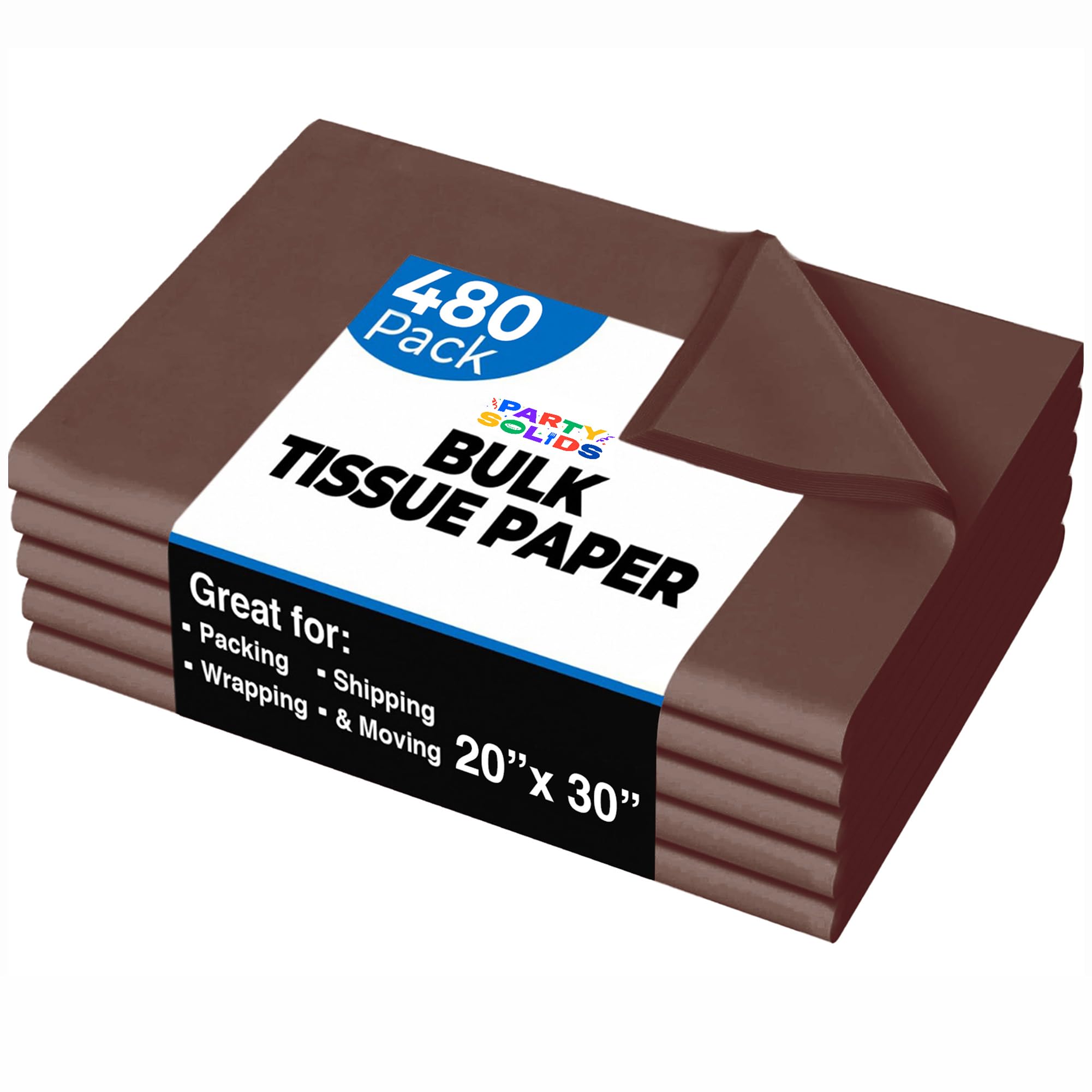 Party Solids Brown Tissue Paper for Gift Bags - 20" X 30" Bulk Tissue Paper Brown 480 Sheets 17 GSM - 10lb Newsprint for Packing, Birthday Gift Box Filler, Packing Supplies &amp; Moving Supplies