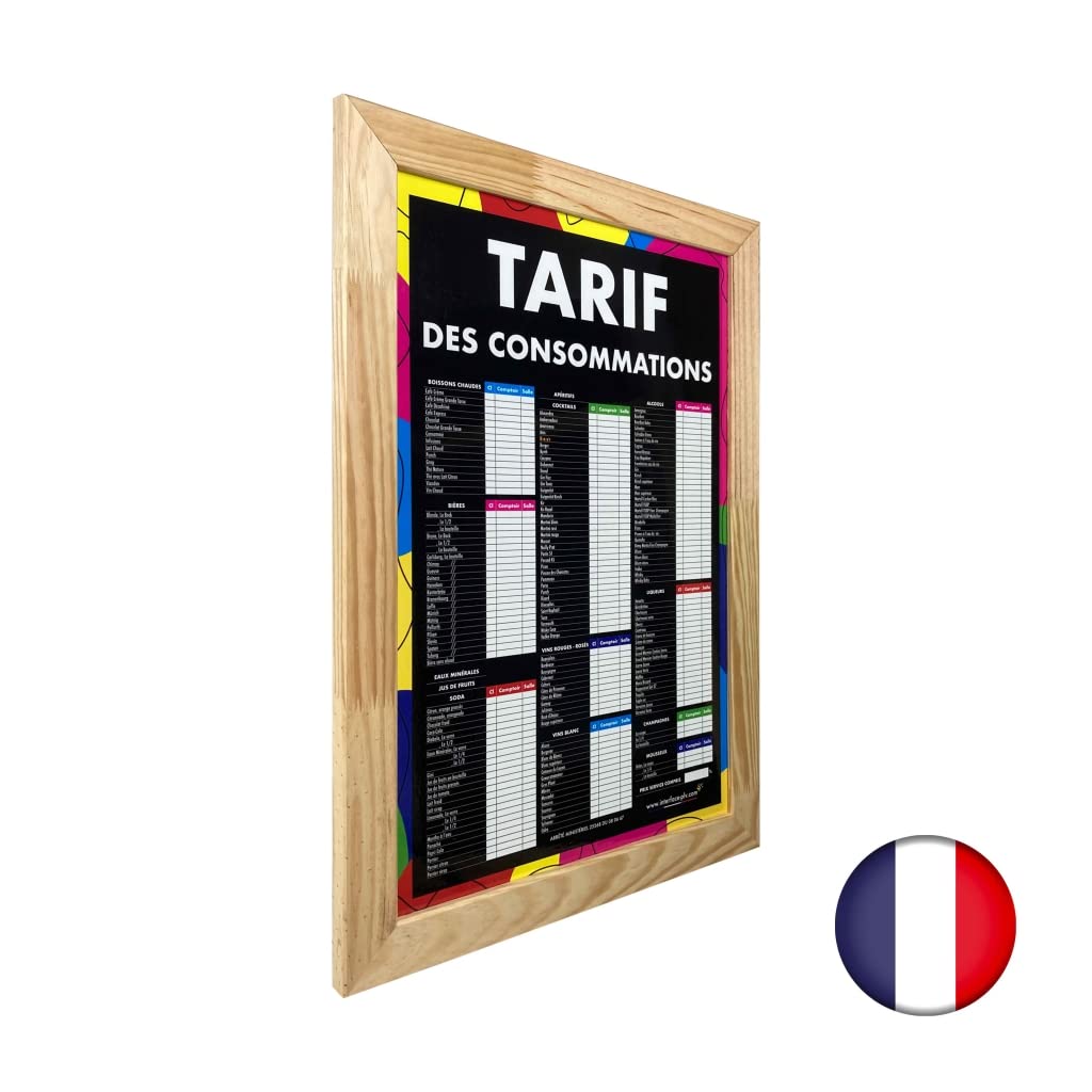 Panneau bois brut "TARIF DES CONSOMMATIONS" moderne dimensions 60 x 40 cm
