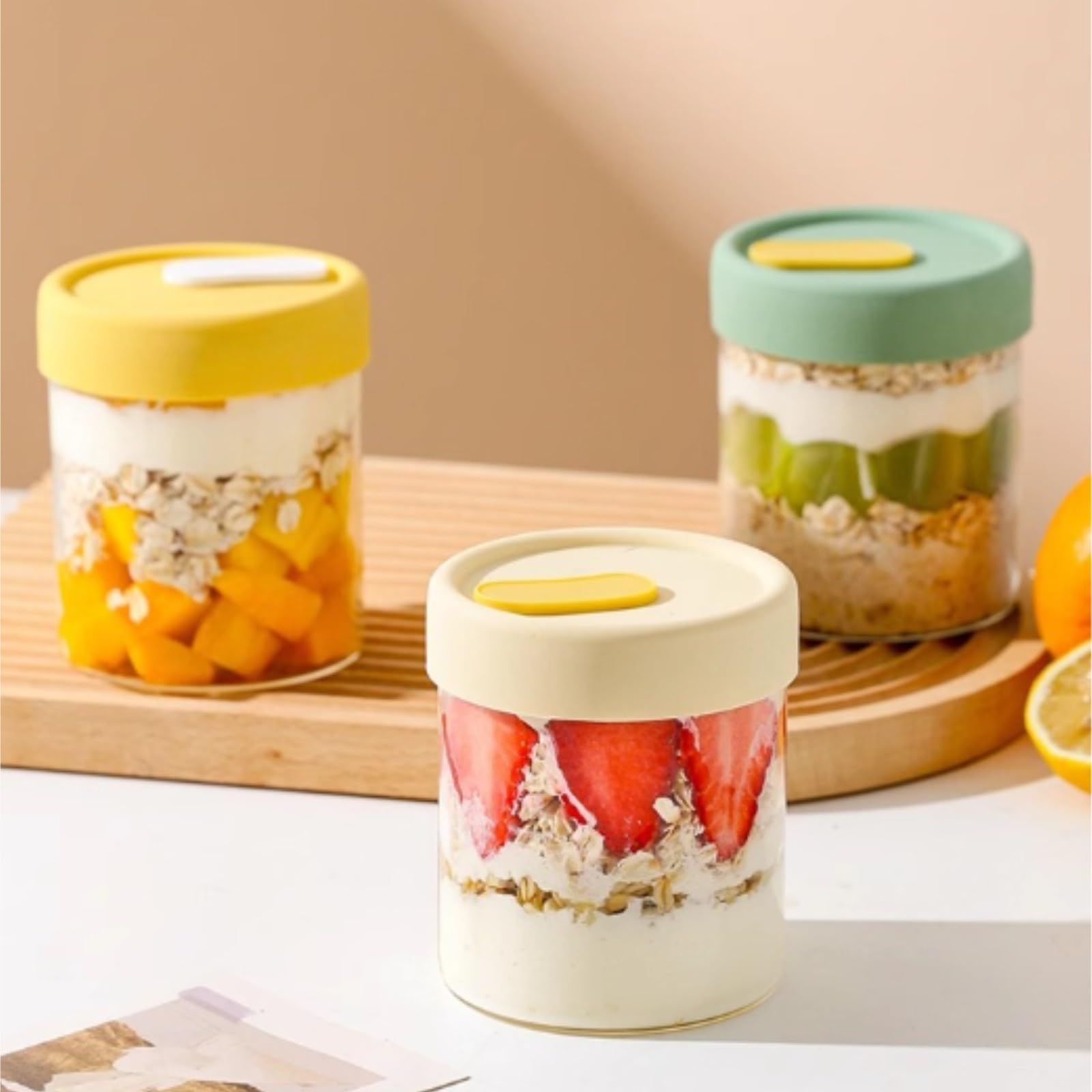 Vorratsgläser mit Deckel Set Mit 3 Wiederverwendbaren Gläsern Deckelbehältern for Overnight Oats Aufbewahrungsgläser Küche