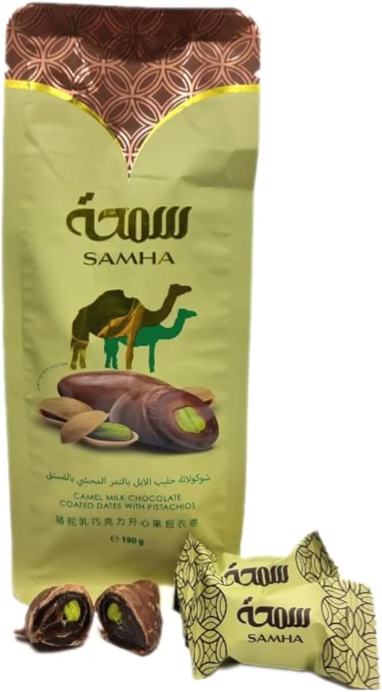 Camel Milk Chocolate Covered Pistachio Dates by Samha | Delicious Chocodate Back to School Snack Gift for any Occasion Celebration, Valentine's, Ramadan, Eid, Easter