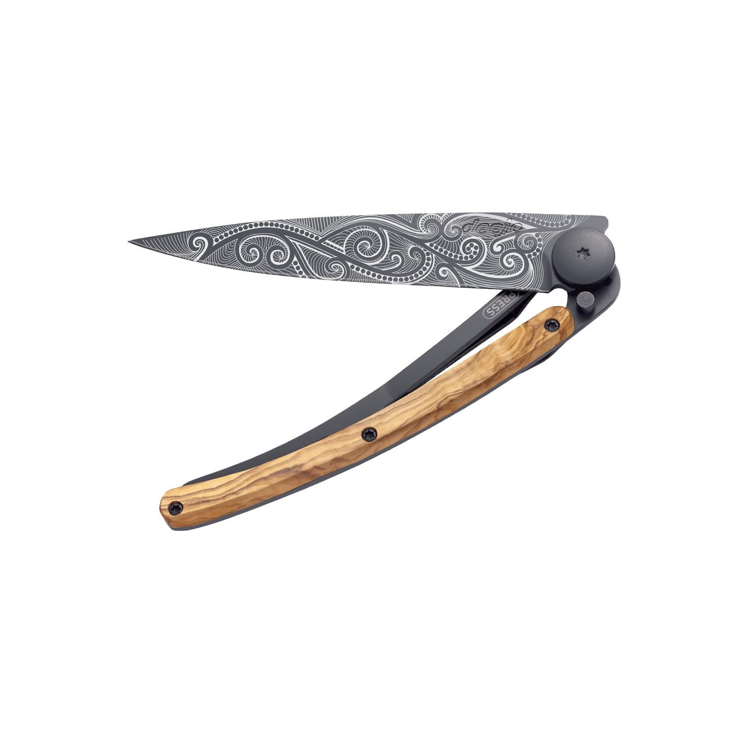 deejo - Couteau de Poche Pliant 27g - Manche en Bois d’Olivier, Lame en Acier Inoxydable Z40C13 - Motif Pacifique - Couteau de Table, Randonnée, Camping, Bivouac