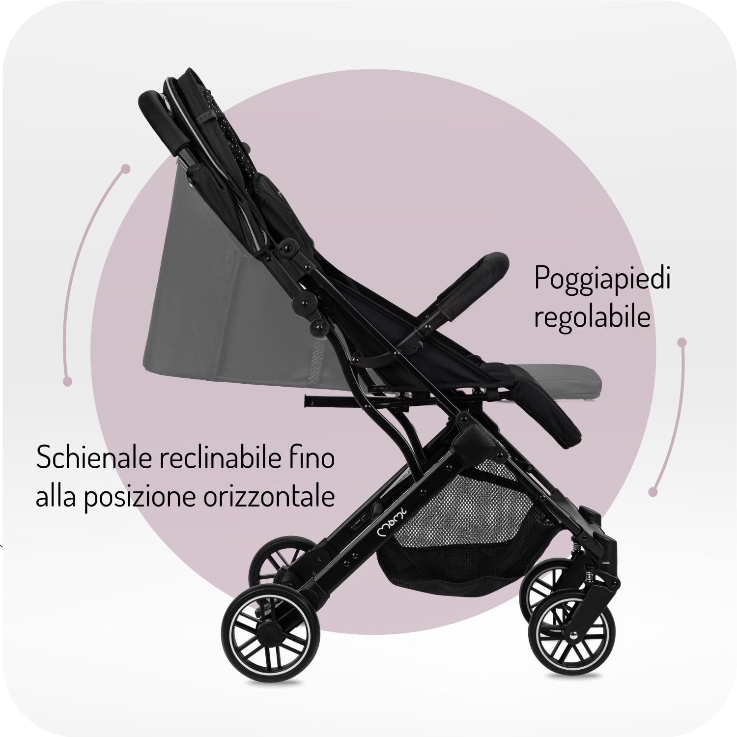 MoMi ESTELLE Passeggino a partire da 6 mesi (fino a 15 kg), pieghevole con cintura di sicurezza a 5 punti, cestino porta spesa e funzione di apertura, manico telescopico per il traino