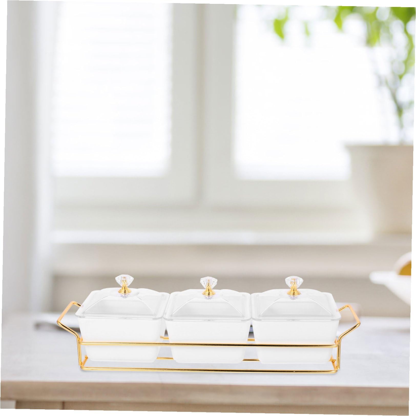 BESPORTBLE Vassoio da Portata in Ceramica Coperchio e 3 Scomparti | Bianco, Design Multicomparto, Ferro Integrato, Uso Versatile per Dolci, Snack e Condimenti