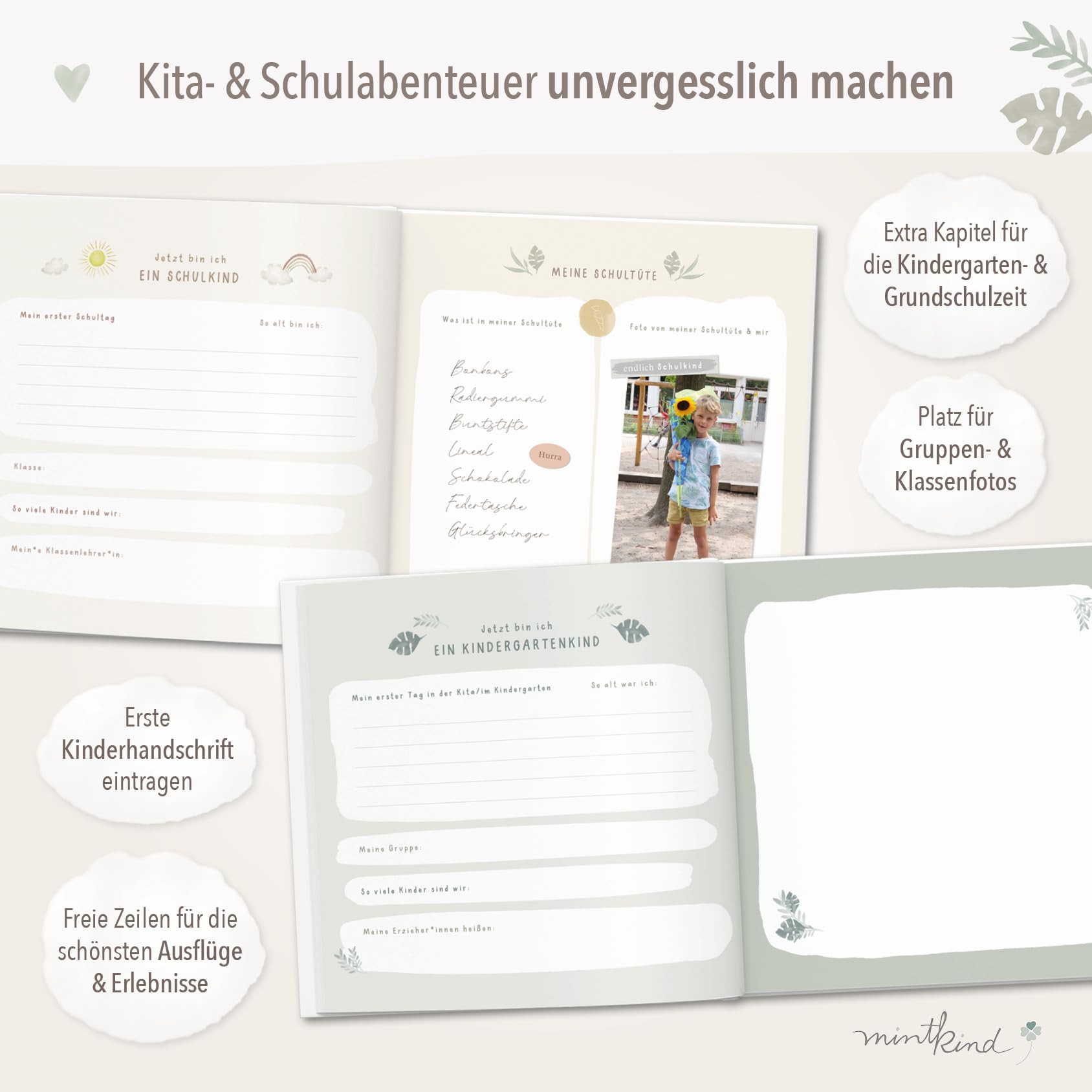 mintkind® Erinnerungsalbum Kindheit Salbei, Babybuch mit Sticker Set, Geschenk zur Geburt, Fotoalbum Kinder, Tagebuch zum Eintragen, Erinnerungsbuch 0–10 Jahre, Hardcover Album