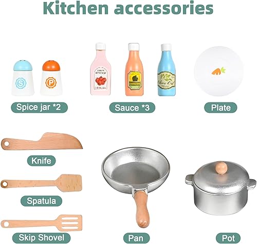 Miniatura 5 de Juego de cocina de juguete de cocina de madera con estufa, horno, fregadero, refrigerador y 11 piezas de accesorios de cocina, juegos de cocina para